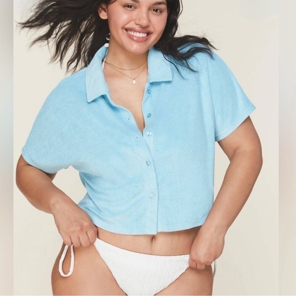 NWT Andie Swim The Cropped Button Up Short Sleeve Shirt Terry Cloth Blue Small